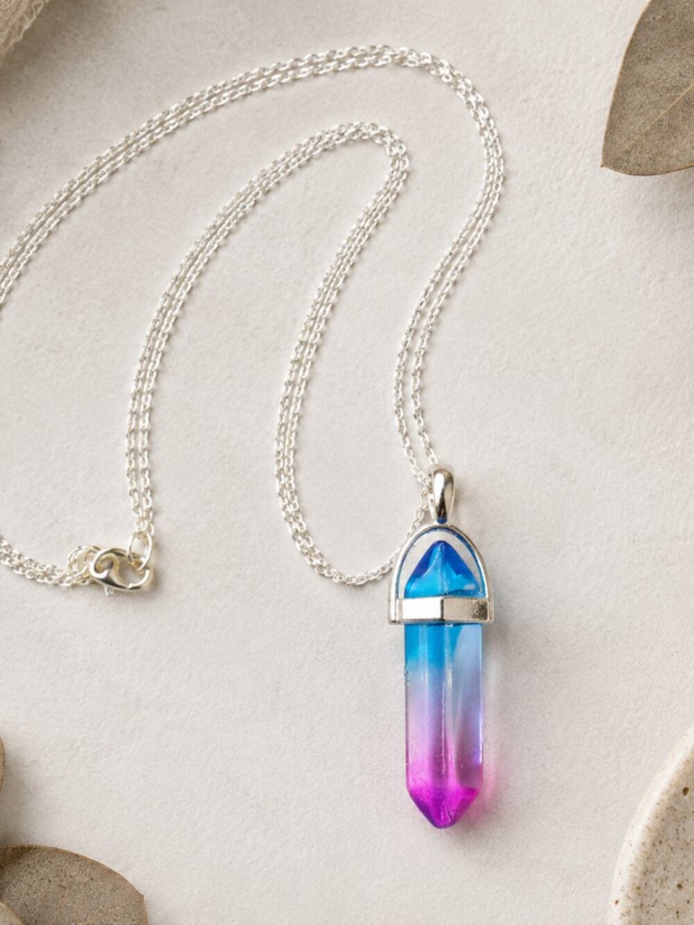 Rainbow Aura Quartz Bullet Point Crystal Pendant Necklace, unisex, Silver Chain